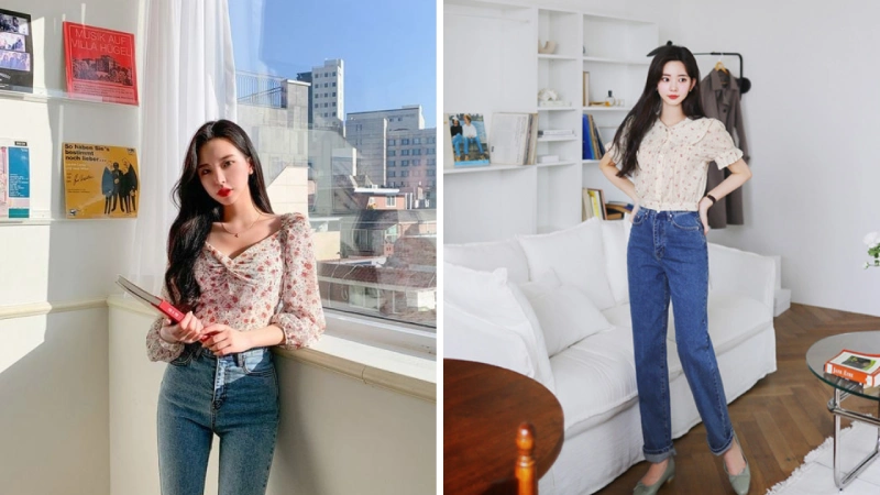 Áo blouse kết hợp với quần jean cạp cao