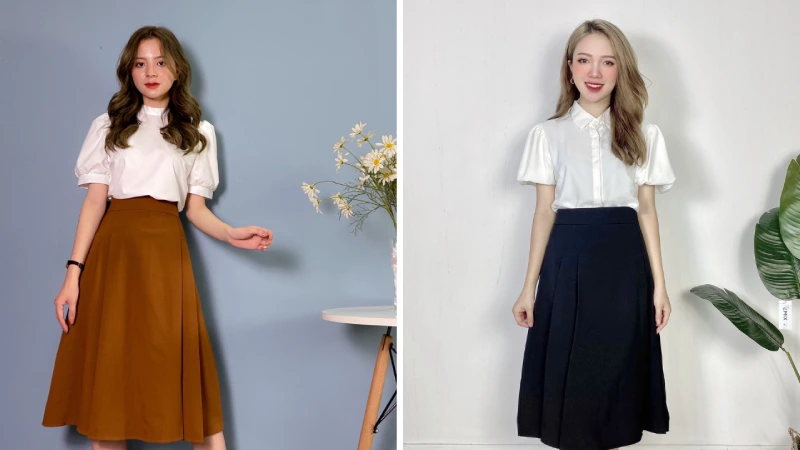 Áo kiểu kết hợp với chân váy midi