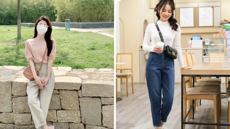 Áo len mỏng kết hợp với quần baggy