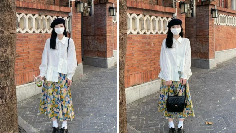 Áo sơ mi cổ đức kết hợp với chân váy hoa