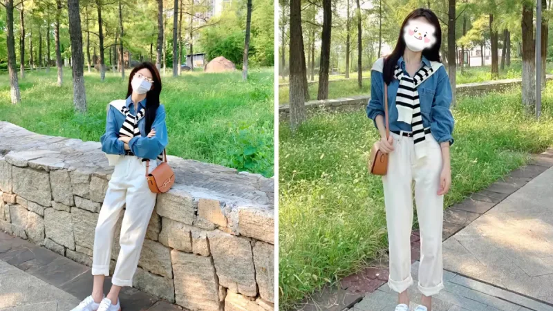 Áo sơ mi denim kết hợp với quần ống đứng