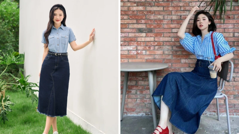 Áo sơ mi kết hợp với chân váy jean