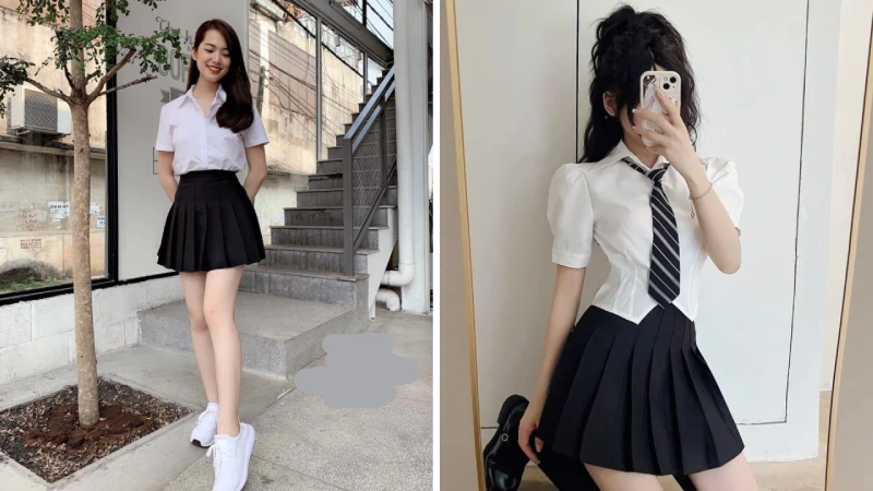 Áo sơ mi kết hợp với chân váy xếp ly