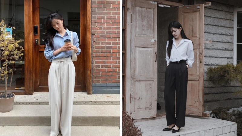 Áo sơ mi kết hợp với quần ống rộng