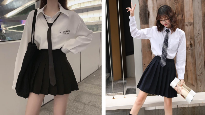 Áo sơ mi trắng kết hợp với chân váy xòe đen