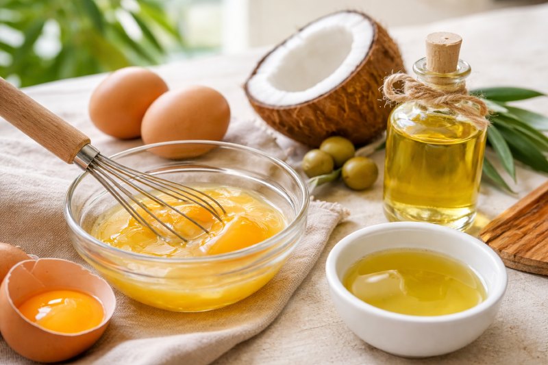 ủ tóc bằng trứng gà với dầu dừa